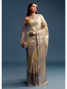 KALKI FASHION - Gold Tissue Embroidery Mirror Work Saree with Unstitched Blouse