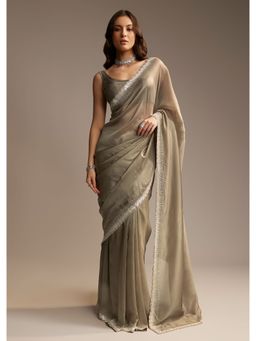 KALKI FASHION - Grey Organza Solid Cut Dana Sequined Saree with Unstitched Blouse