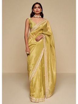 KALKI FASHION - Lemon Yellow Tissue Heavy Embellished Saree with Unstitched Blouse