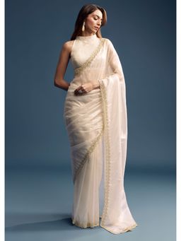 KALKI FASHION - Cream Tissue Embellished Beads and Stone Work Saree with Unstitched Blouse