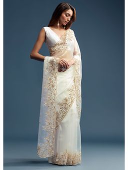 KALKI FASHION - White Tissue Sequined Cut Dana Saree with Unstitched Blouse