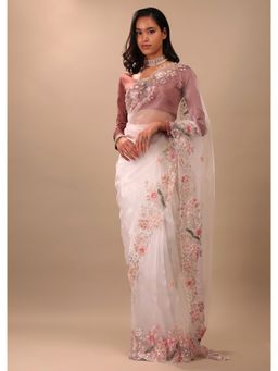 KALKI FASHION - Daisy White Organza 3D Floral Sequined Saree with Unstitched Blouse