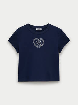 Pomelo - Lace Heart Patch Detailed Tee - Navy Blue