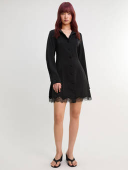 Pomelo - Lace Trim Shirt Mini Dress - Black