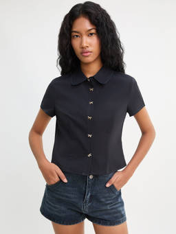 Pomelo - Scallop Trimmed Collar Shirt with Bow Button - Navy Blue