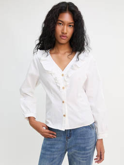 Pomelo - Ruffle Trim V-Neck Button Blouse - Off-White