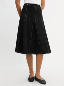 Pomelo - Contrast Stitch Flared Midi Skirt - Black