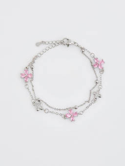 Pomelo - Double Chain Daisy Charm Bracelet - Silver/Pink