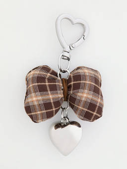 Pomelo - Plaid Bow & Heart Charm Keyring - Brown