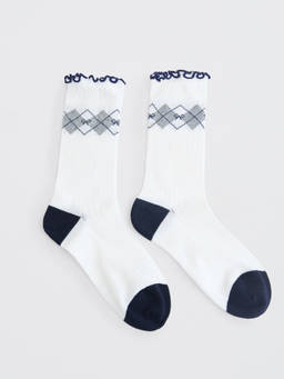 Pomelo - Ruffle Trim with Argyle Pattern Mid-Calf Socks - White