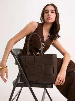 Pomelo - Smooth Leather Woven Tote - Brown