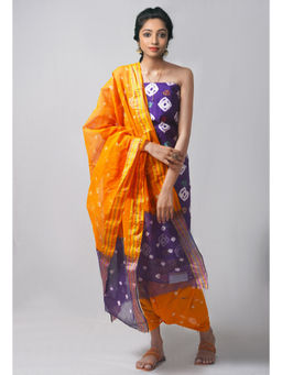 Unnati Silks - Unstitched Indigo Pure Bandhani Cotton Salwar Kameez (Set of 3)