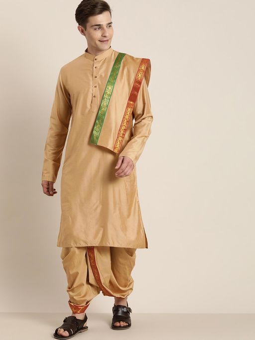 Vastramay Mens Rose Gold Cotton Blend Kurta Dhoti with Dupatta (Set of 3)