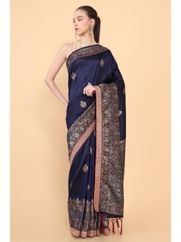 Soch - Women Navy Blue Silk Woven Saree with Unstitched Blouse