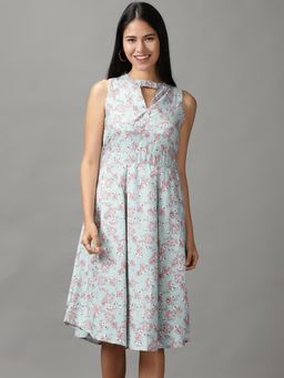 SHOWOFF - Womens Keyhole Neck Knee Length Sea Green Printed Dress