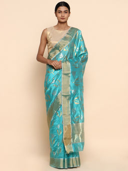 CHOWDHRAIN - Teal Garden Chanderi Pure Silk Saree with Unstitched Blouse Piece