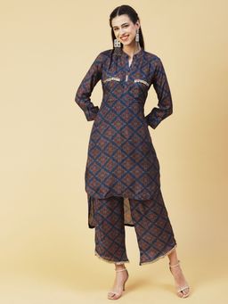 FASHOR - Ajarak Printed Hand Embroidered Asymmetric Hem Kurta with Palazzo Blue (Set of 2)