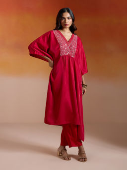 Gajra Gang - Red Silk Sequin Embroidered Kaftan Kurta and Pant Hautie Bride (Set Of 2)