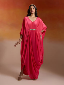 Gajra Gang - Coral Crepe Embellished Kaftan Dress Nakhraali Nomads