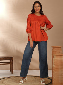 Likha - Viscose Silk Pleated Balloon Sleeves Tunic Top LIKCRTP101