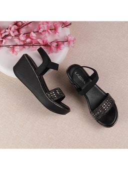 LAZERA SHOES - Showstopper Medium Heel Wedge Party Black Sandal
