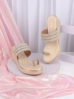 LAZERA SHOES - Womens Embellished Toe-Ring Wedge Gold Sandals