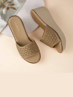 LAZERA SHOES - Lazera Womens Embellished Wedge Slide Gold Sandals
