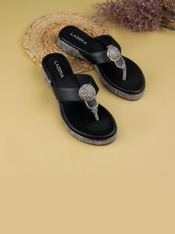 LAZERA SHOES - Lazera Womens Embellished Wedge Black Sandals
