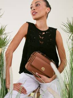 Accessorize London - Women's Tan Boxy Twist-Lock Crossbody Bag