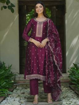Libas - Women Wine Embroidered Kurta with Pant and Dupatta (Set of 3)