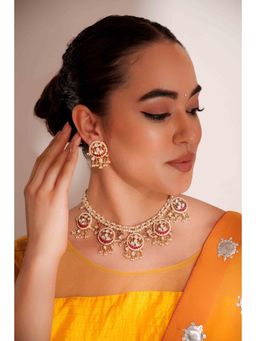 Zevar By Geeta - Tanirika Red Kundan Necklace With Pair Of Earring