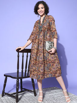 InWeave - Women Mustard Floral Printed Midi Dress