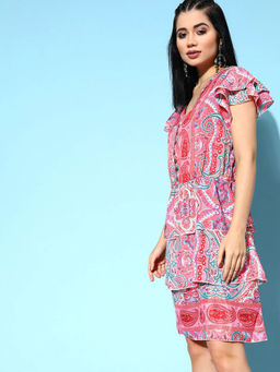 InWeave - Women Pink Paisley Printed Knee Length Dress