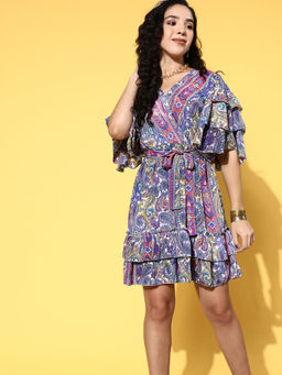 InWeave - Women Purple Paisley Printed Knee Length Dress