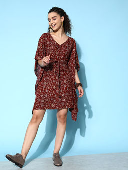 InWeave - Women Burgundy Floral Printed Kaftan Dress