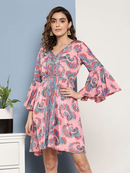 InWeave - Women Pink Paisley Printed Knee Length Dress
