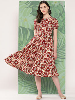InWeave - Women Maroon Printed Midi Dress