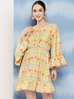 InWeave - Women Yellow Printed Knee Length Dress
