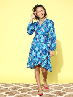 InWeave - Women Blue Floral Printed Knee Length Dress