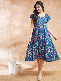 InWeave - Women Blue Floral Printed Midi Dress