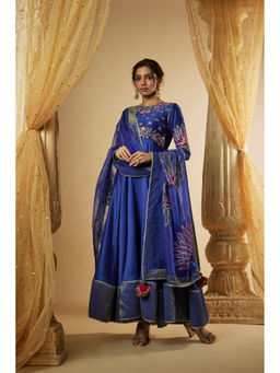 THE AARYA - Blue Chanderi Zardozi Embroidered Anarkali Kurta with Palazzo & Dupatta (Set of 3)