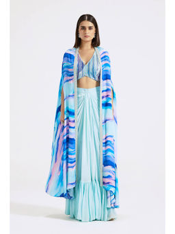 Basanti Kapde aur Koffee - Aqua Blue Draped Skirt with Blouse and Cape (Set of 3)