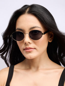 Twenty Dresses by Nykaa Fashion - Black And Gold Oval Narrow Metallic Frame Sunglasses