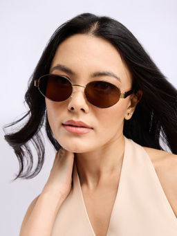 Twenty Dresses by Nykaa Fashion - Brown And Gold Oval Narrow Metallic Frame Sunglasses