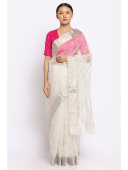 Via East - Nira White Silk Chanderi Saree with Unstitched Blouse
