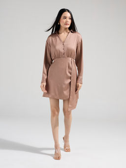 Twenty Dresses by Nykaa Fashion - Brown Collared Full Sleeves Mini Dress