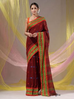 CHARUKRITI - Brick Red Cotton Handloom Soft Nakshi Border Saree with Unstitched Blouse