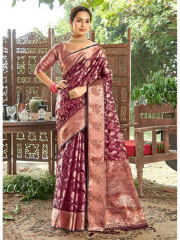 Sangam Prints - Wine Organza Woven Work Traditional Tassel Saree with Unstitched Blouse