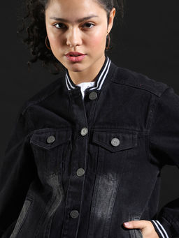 Campus Sutra - Black Women Solid Denim Jackets