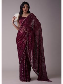 KALKI FASHION - Sangria Red Sequins Saree with An Embellished Border with Unstitched Blouse